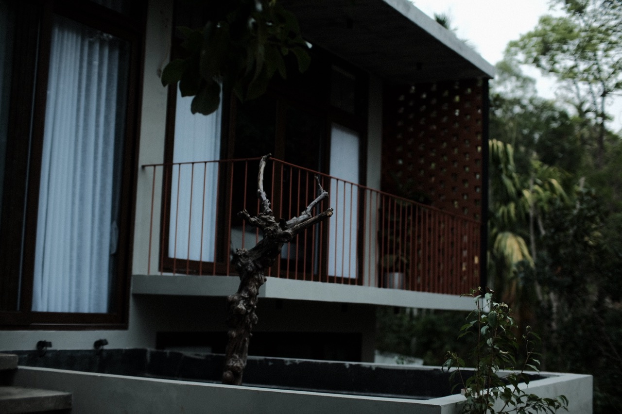 The verandah at dusk, sheer curtains behind the glazing
